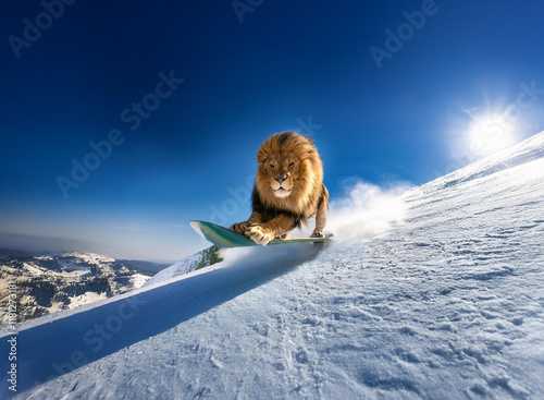 A majestic lion, mane flowing, fearlessly snowboards down a pristine, snow-covered mountain slope under a brilliant sun.  The thrill of the ride is captured in this exhilarating scene. photo