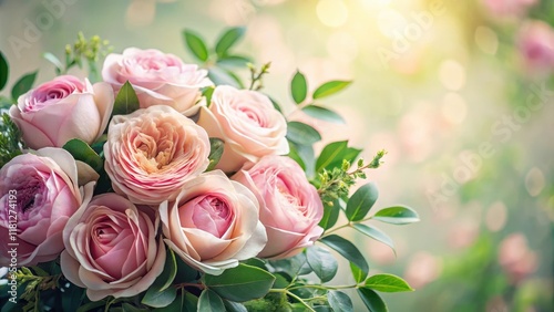 Soft pink rose petals arranged in a delicate bouquet with lush greenery and subtle foliage, pink rose flowers, flower arrangement ideas