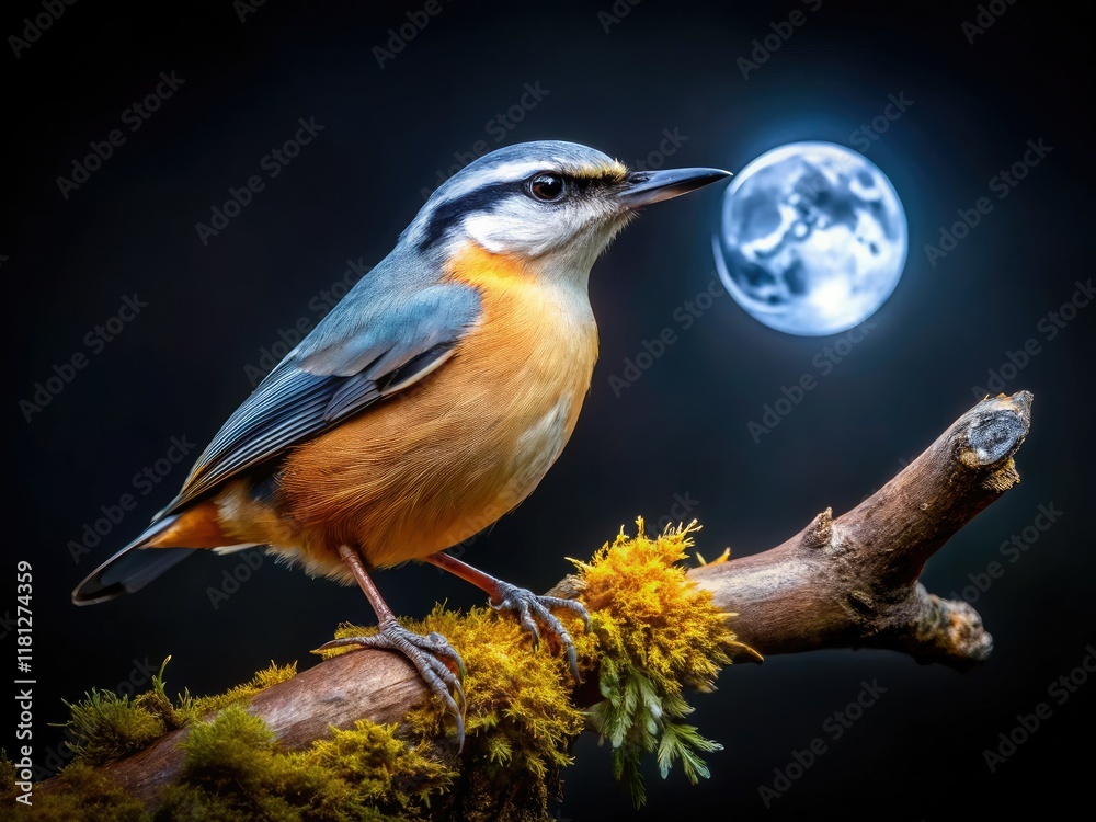 Fototapeta premium Close-up night photography captures a nuthatch in a dark forest, showcasing its nocturnal life amidst branches and leaves.