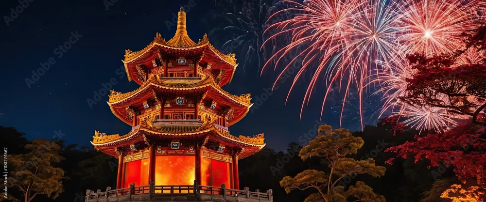 Fototapeta premium A firework-lit night sky over a Chinese pagoda, reflecting vibrant red and gold colors, festive and celebratory mood. Perfect for Chinese New Year