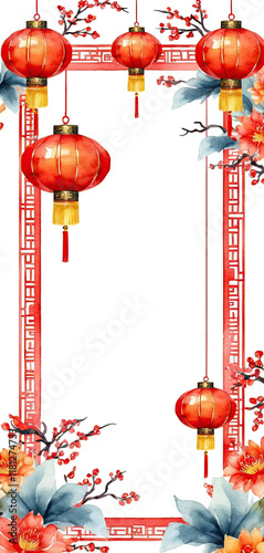 watercolor chinese new year frame with chinese decoration, realistic style, bright colors, on white background 