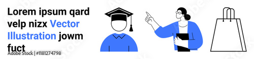 Graduate with cap and gown, instructor pointing towards future success, shopping bag representing reward and accomplishment. Ideal for education, mentorship, celebration, achievement, guidance