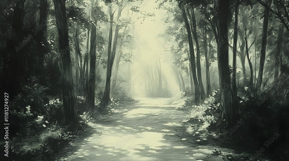 Fototapeta premium A rough outline of a forest path with light filtering through pencil-shaded trees.