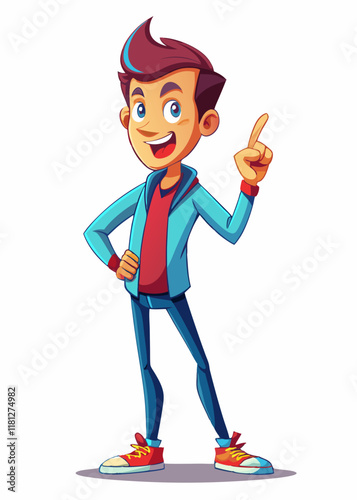 Young boy pointing his finger upward, isolated character on white background. Cheerful child making a gesture, cartoon vector illustration for educational or storytelling concepts.