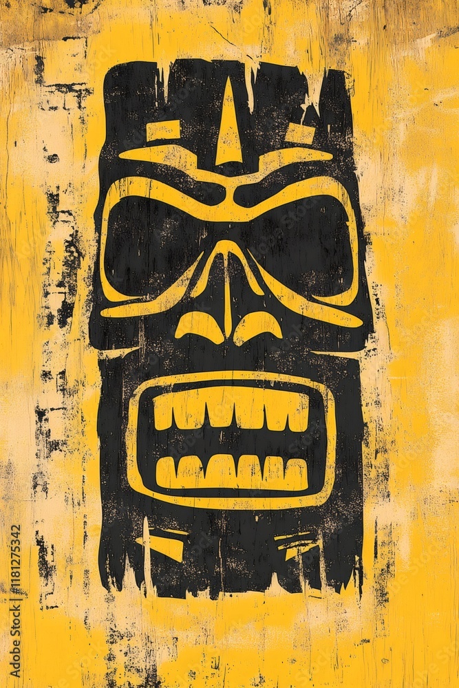 Obraz premium Tiki mask showing teeth on yellow background representing polynesian culture