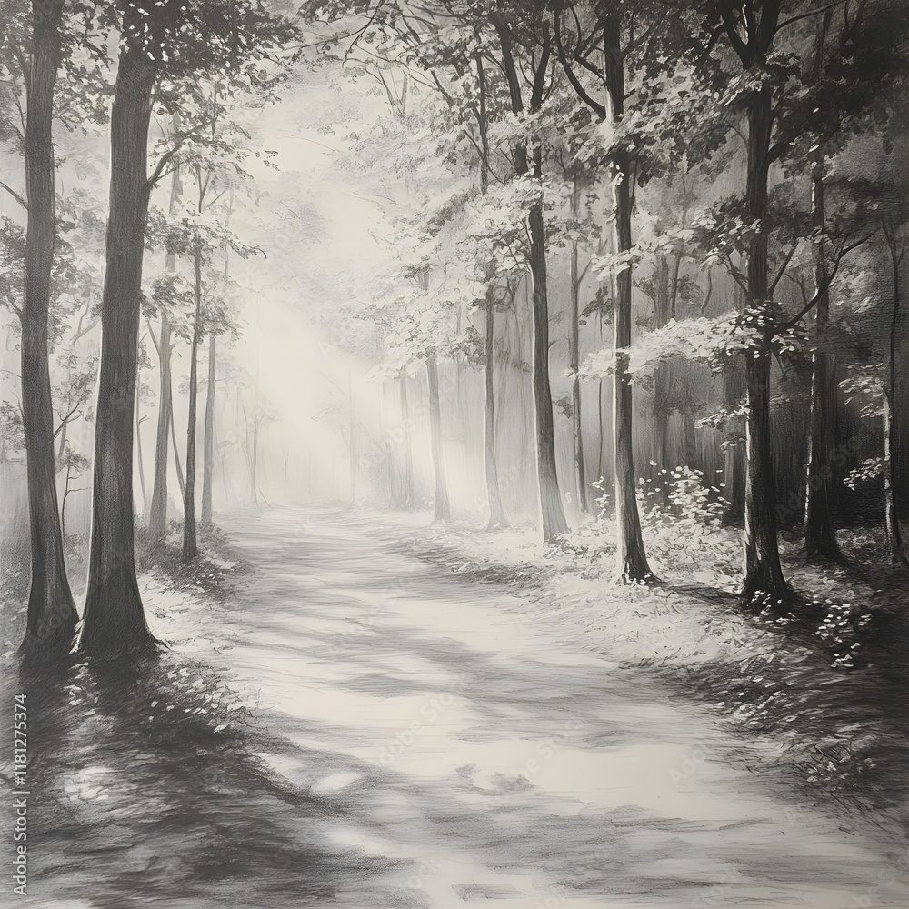 Obraz premium A rough outline of a forest path with light filtering through pencil-shaded trees.