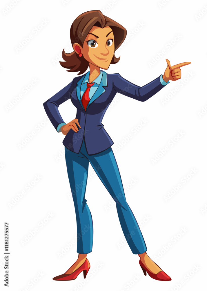 Confident businesswoman in formal suit pointing left side. Professional female entrepreneur giving direction, leadership concept, vector illustration. Confident businesswoman in formal suit pointing left side. Professional female entrepreneur giving direction, leadership concept, vector illustration.
