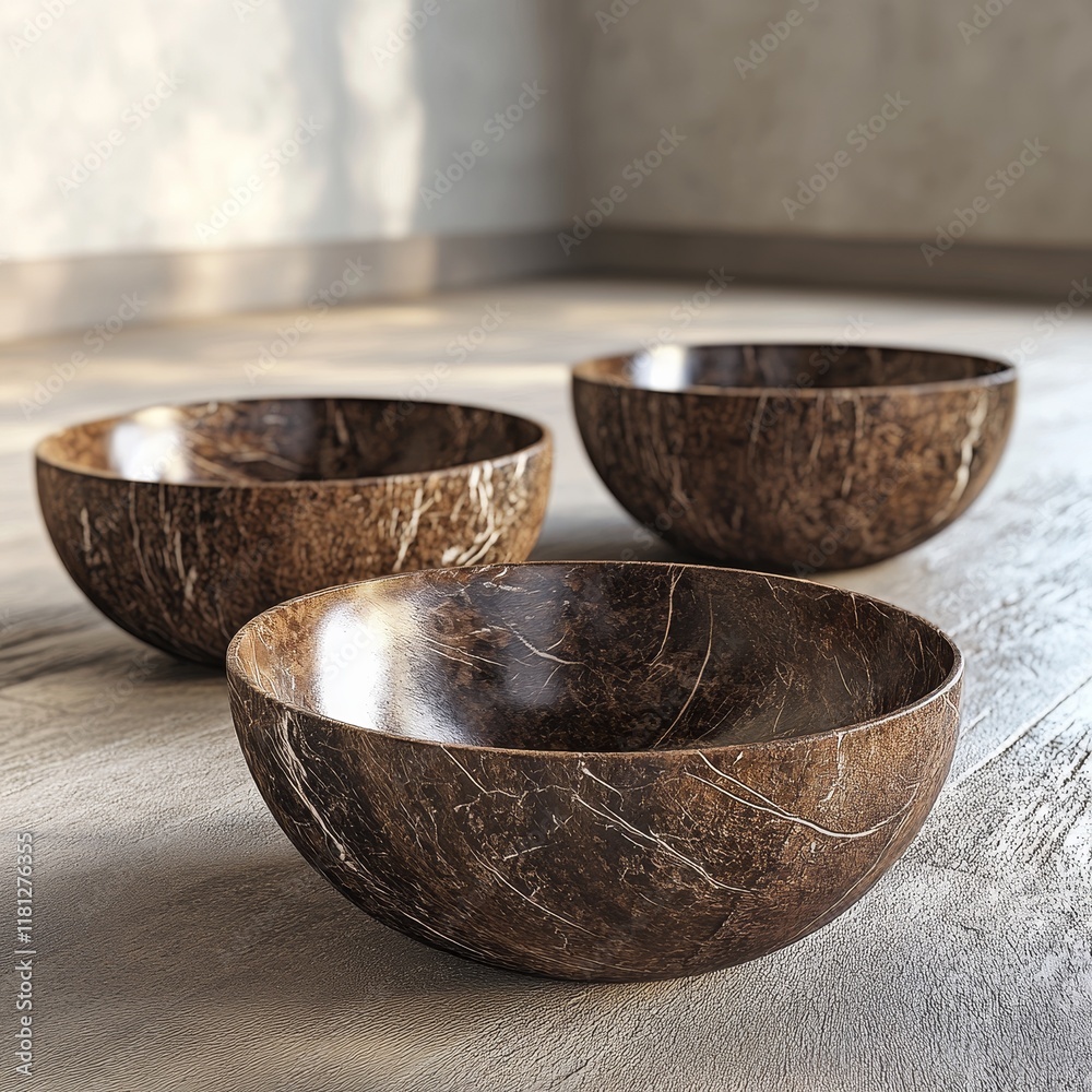 Elegant Brown Decorative Bowls on Wooden Floor in Bright Room Elegant Brown Decorative Bowls on Wooden Floor in Bright Room