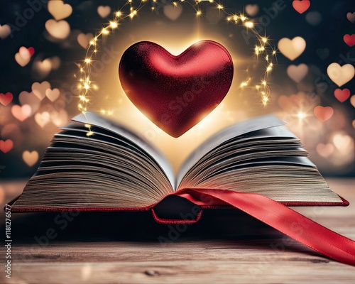 Foreword, an enchanting Valentine aesthetic with a floating book held by a glowing red ribbon, surrounded by faint heart-shaped bokeh and a golden aura against a blurred romantic backdrop photo