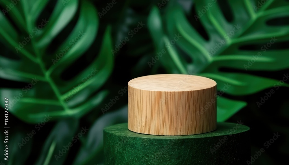 Blank wooden pedestal in front of green monstera foliage, perfect for eco-friendly cosmetics, skincare product displays, or botanical campaigns Blank wooden pedestal in front of green monstera foliage, perfect for eco-friendly cosmetics, skincare product displays, or botanical campaigns
