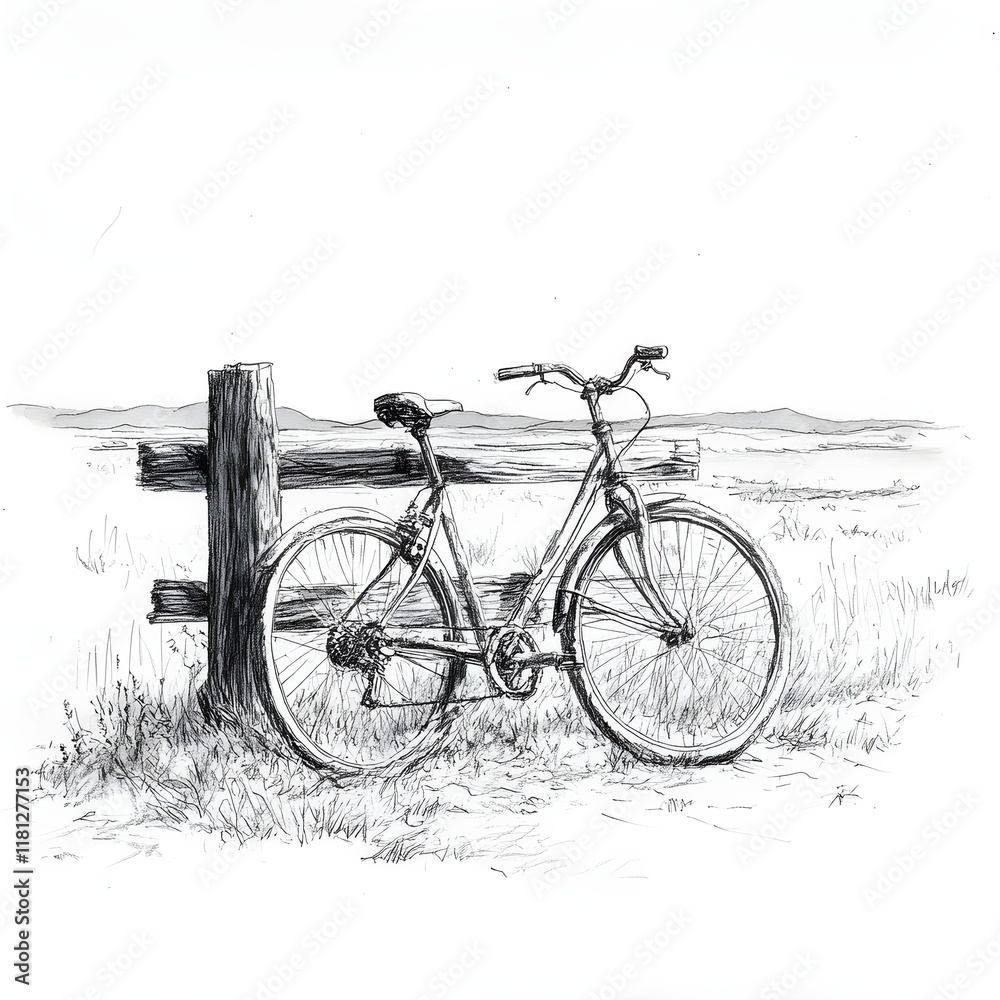 Obraz premium A rough sketch of a bicycle leaning against a wooden fence in a field. 