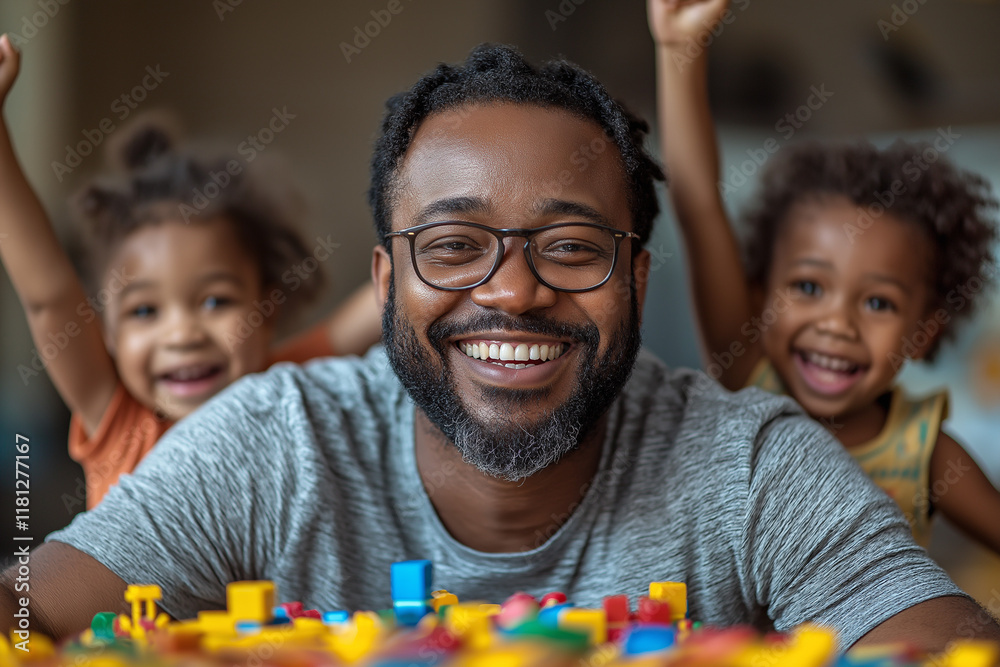 A happy father enjoying quality time with his children, filled with laughter and joy, in a warm, cozy family environment. A happy father enjoying quality time with his children, filled with laughter and joy, in a warm, cozy family environment.