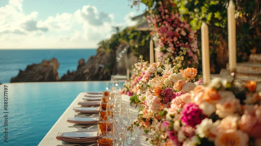 Obraz premium Oceanside floral wedding reception table setting.