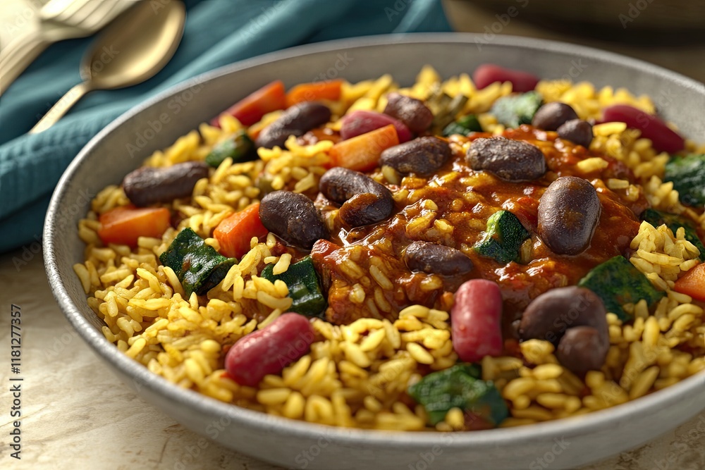 A colorful bowl of rice, beans, and vegetables in a savory sauce. A colorful bowl of rice, beans, and vegetables in a savory sauce.