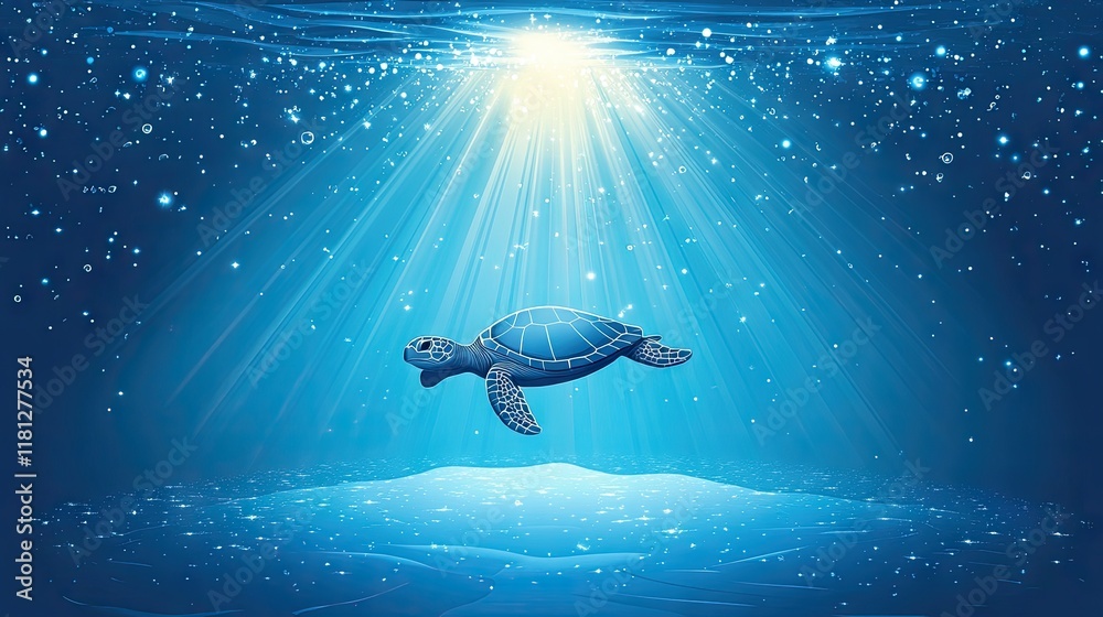 Fototapeta premium A serene underwater scene featuring a turtle illuminated by sunlight.