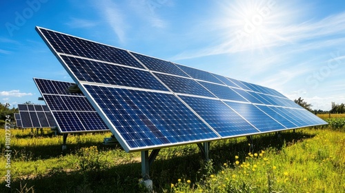Dynamic Solar Panels in Open Field Under Bright Blue Sky Showcasing Renewable Energy Solutions and Advancements in Eco-Friendly Technology for Sustainable Future