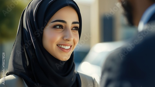 Smiling woman in hijab engages in conversation outdoors during daytime photo