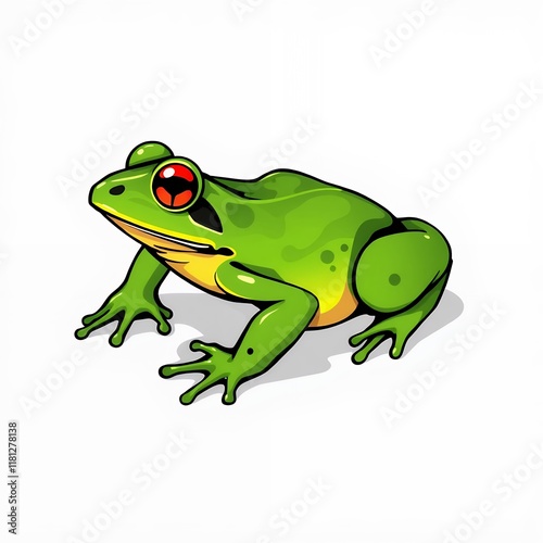 an image of a green frog with red eyes sitting on a white surface. photo