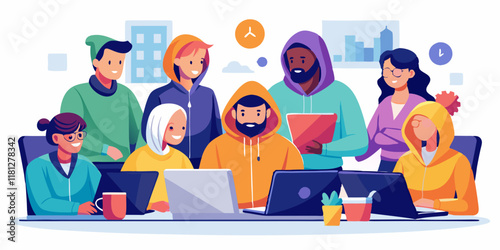 Diverse IT team collaborating on laptop in casual workspace. Young professionals analyzing big data and developing AI technology in modern office.
