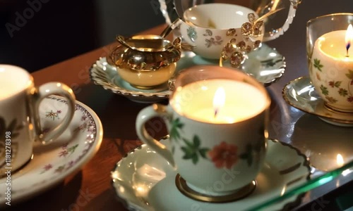 Vintage clock placed on a wooden surface surrounded by glowing candles for a nostalgic ambiance. photo