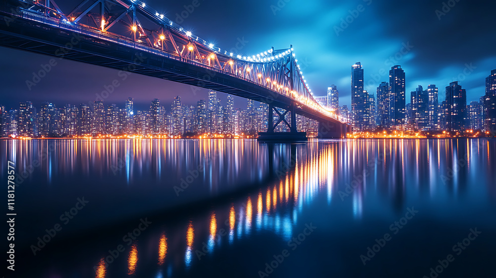 Naklejka premium A serene night view of a bridge reflecting in calm waters, surrounded by a city skyline.