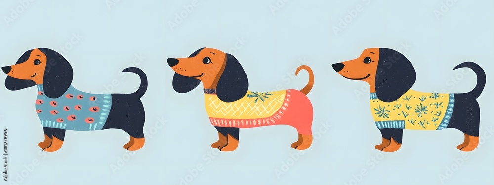 Fototapeta premium Cute illustration of adorable dachshund dogs wearing colorful sweaters