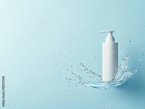 Clean white pump container against a blue setting with water motion symbolizing purity and moisture for beauty and hygiene branding photo