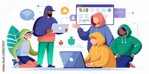 Group of ethical hackers in hoodies analyzing cybersecurity threats. IT security specialists coding, encrypting data, and conducting penetration testing in a high-tech workspace.

