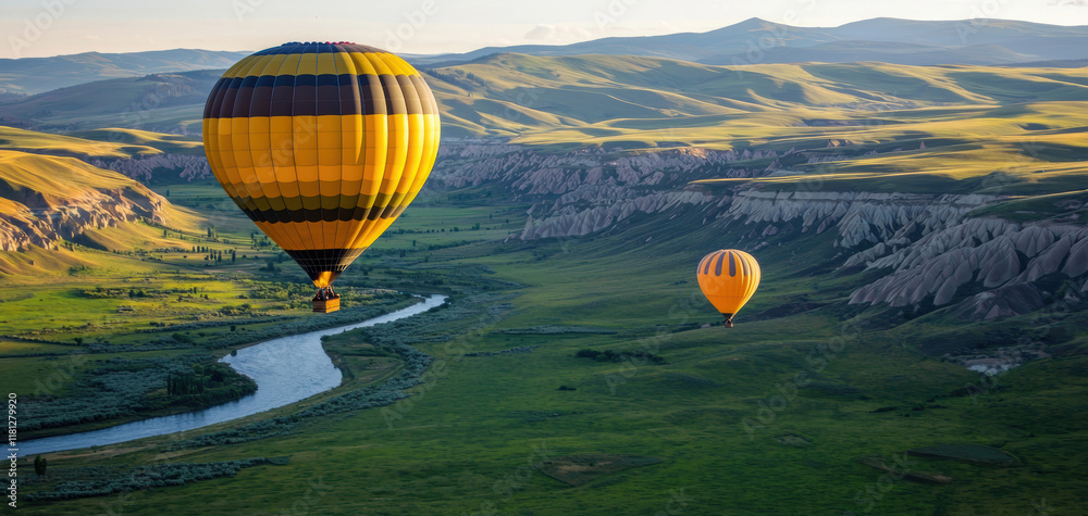 Obraz premium Colorful hot air balloons over a lush green valley, representing freedom and a fresh perspective for promotional use