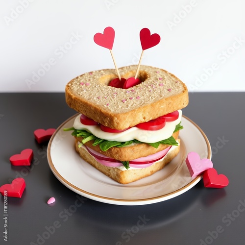 an image of a sandwich with hearts on a plate. photo