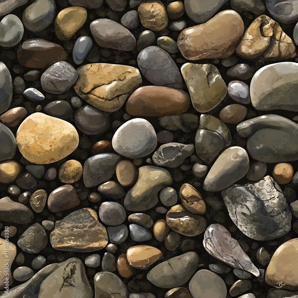 background of pebbles on a riverbank, wet and glistening background of pebbles on a riverbank, wet and glistening