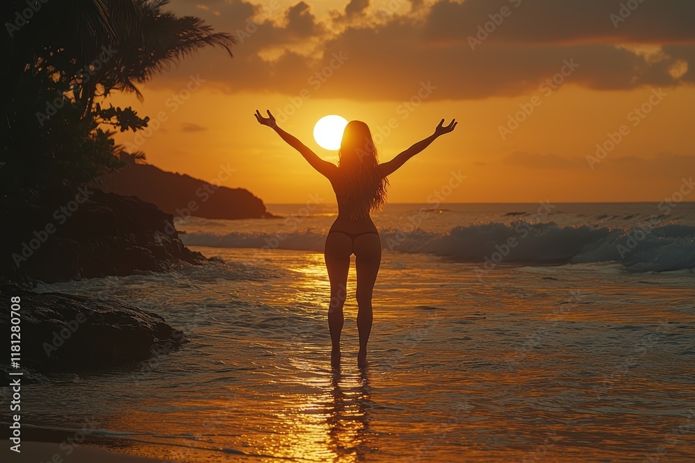 Fototapeta premium Young woman practicing yoga on a beach at sunrise tranquil scene nature serene environment inspirational concept