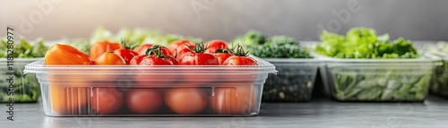 Fresh tomatoes in a clear container surrounded by leafy greens on a countertop.