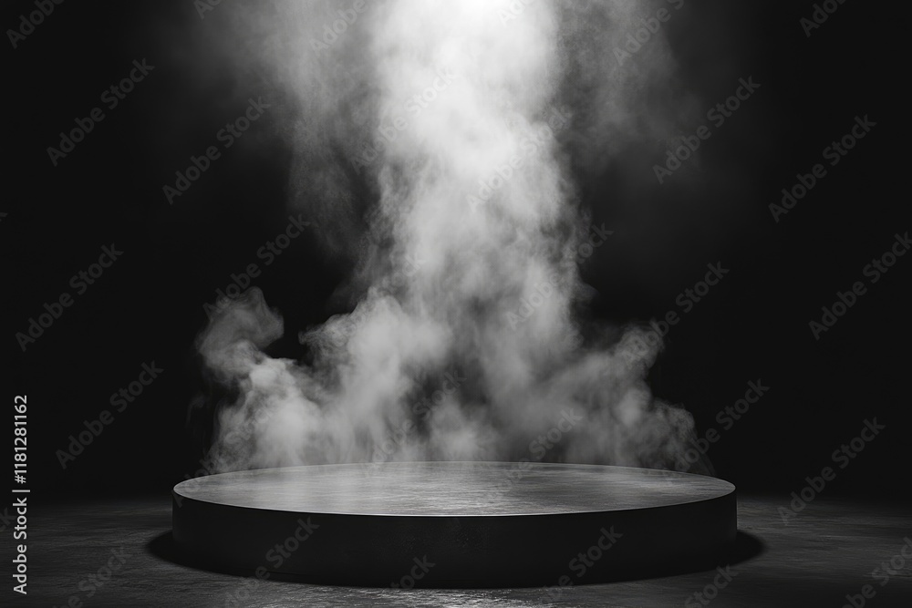 Empty round podium with smoke illuminated by spotlight in dark studio Empty round podium with smoke illuminated by spotlight in dark studio