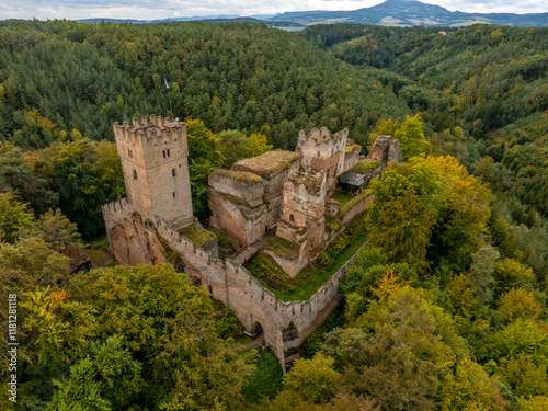 Aerial view of the abandoned medieval Burg Helfenburk castle surrounded by autumn forest and trees, Ustek, Czech Republic. photo