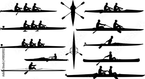 vector set of rowing silhouettes - vector. Transparent background PNG, cutout