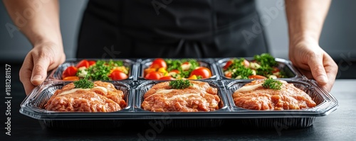 A person holding a meal prep container filled with delicious food items.
