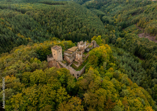 Aerial view of the abandoned medieval Burg Helfenburk castle surrounded by tranquil autumn forest, Ustek, Czech Republic. photo