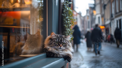 A fluffy Persian cat lounging in a café window, framed by cozy decor and vibrant street activity, with people walking by on a cobblestone sidewalk 