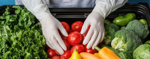 Fresh vegetables being handled with gloves, emphasizing hygiene in food preparation.