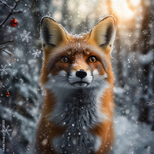 Curious Red Fox Cat Like Eyes Stands Snow