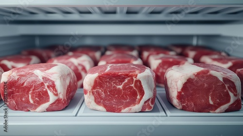Fresh cuts of beef stored neatly in a commercial refrigerator.