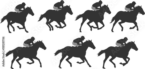 10 racing horses and jockeys silhouettes - vector. Transparent background PNG, cutout