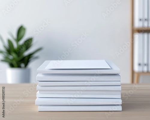Stack of clean notebooks on a desk with a plant in a minimalist office setting.
