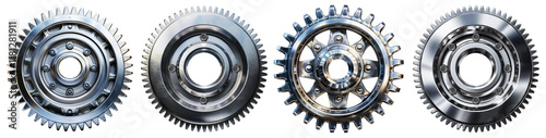 Collection and variation of a group of chrome metal gears (cogwheels), isolated on white or transparent background, 3d illustration, png. Generative Ai.