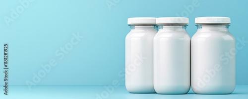 Three white bottles on a blue background, ideal for product or packaging concepts.
