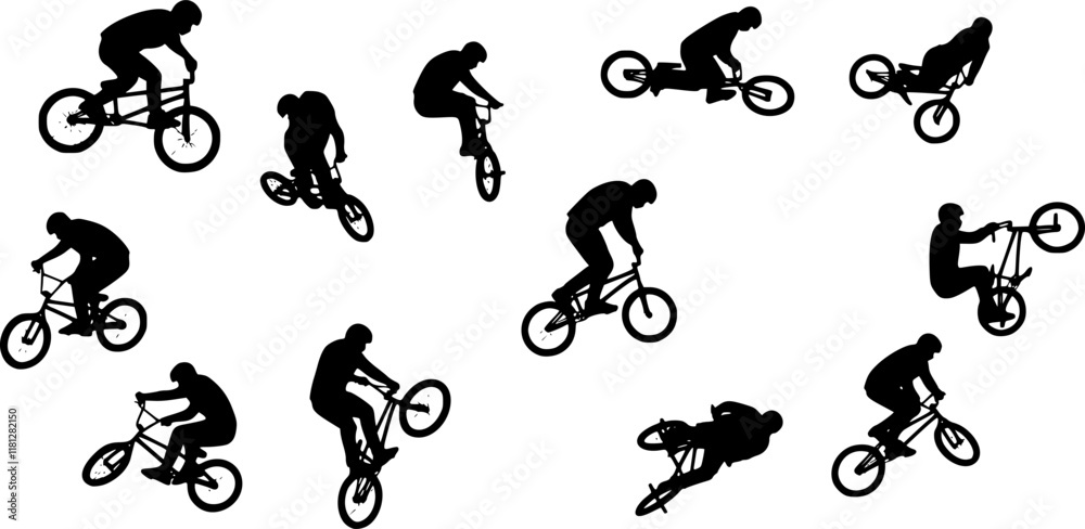 12 bmx stunt silhouettes - vector Transparent background PNG, cutout