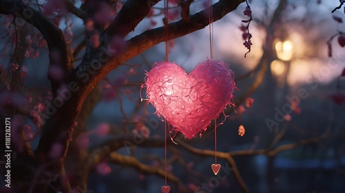 A heart-shaped pi?+/-ata hanging from a tree at a festive Valentinea??s Day gathering. photo