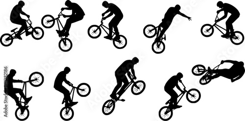 12 bmx stunt silhouettes - vector Transparent background PNG, cutout