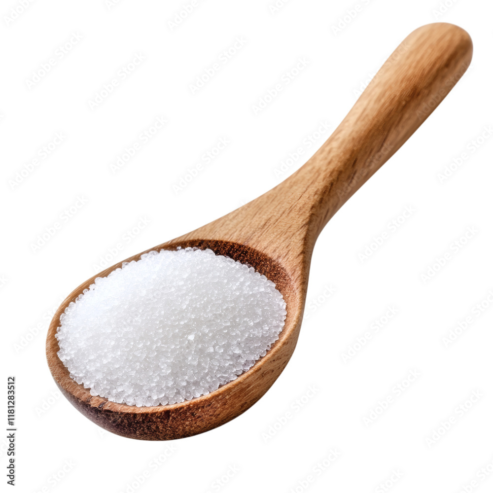 Sugar in a wooden spoon isolated on white transparent background Sugar in a wooden spoon isolated on white transparent background